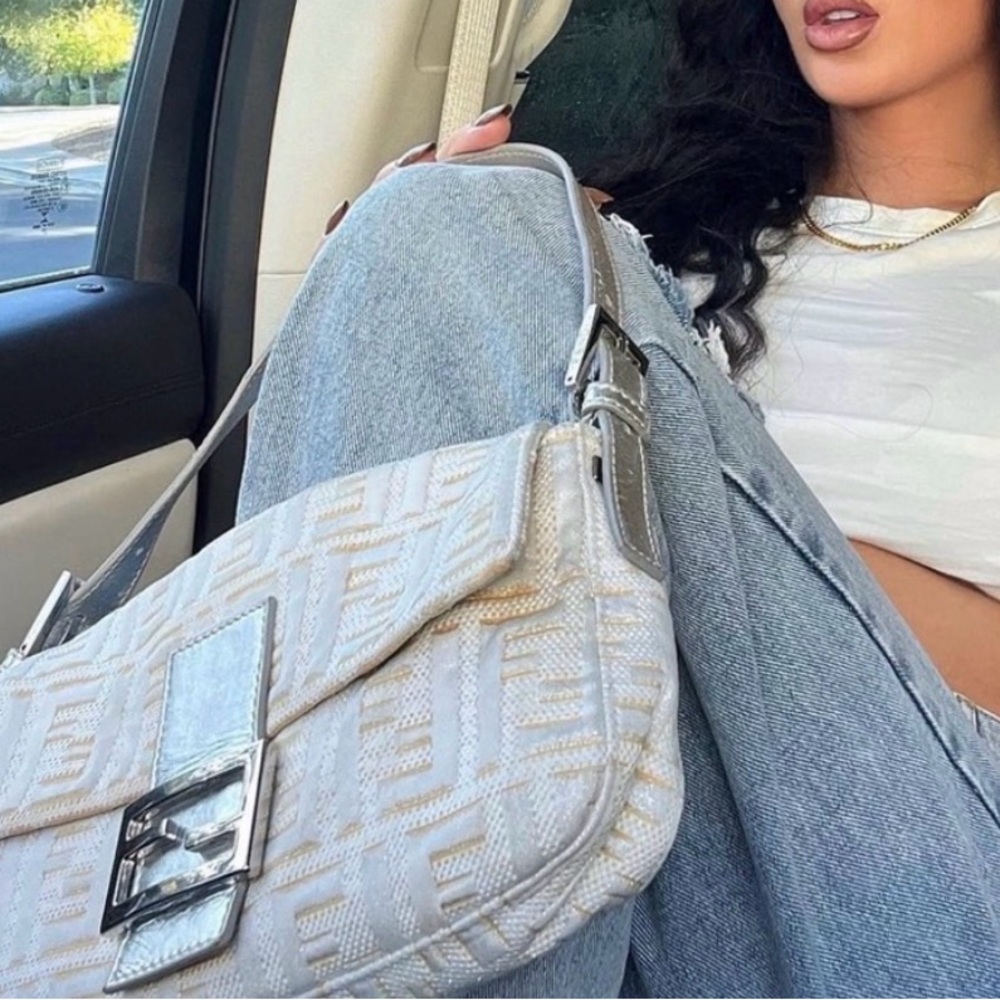 AUTH Rare FENDI ZUCCA BAGUETTE LIKE NEW! white gold Monogram Shoulder Bag COA ⭐️ - Picture 5 of 16